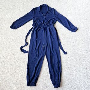 Cupshe Women's Navy Blue Jumpsuit Size M Belted Long Sleeve Collared V Neck